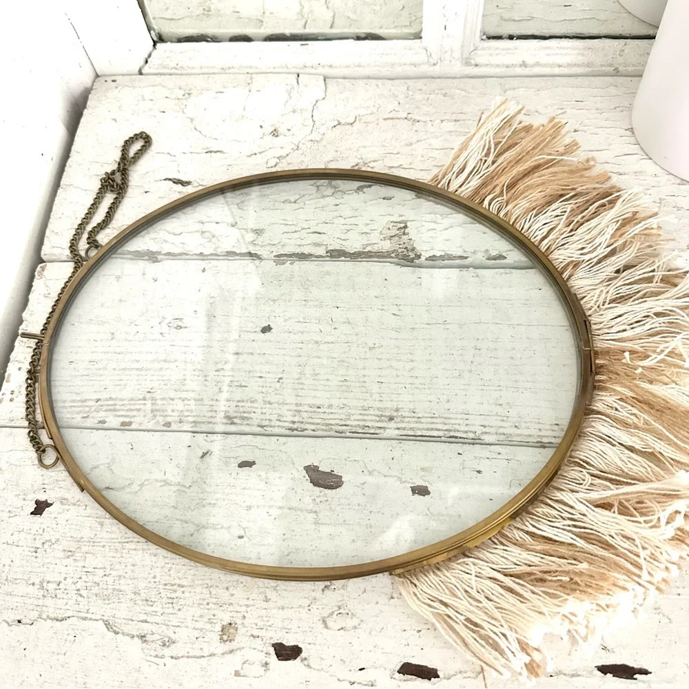 Vintage Style Brass Look Frame Oval Fringe Bottom Clear Glass Photo Picture Boho